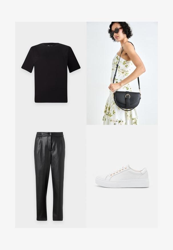 Must olema lühikeste varrukatega must t-särk ümmarguse kaelusega, valmistatud pehmest puuvillast kangast. Lihtne disain, ilma nähtavate logode või mustriteta.; Mustad nahkpüksid, millel on sile tekstuur, sirge lõige, elastne vöökoht ja esine nupuga sulgemine; volditud detailid ja kitsenevad sääred.; Valged tossud sujuva nahast ülemise osaga, ümmarguse varbaga ja paksu valge tallaga. Omab kuut kuldset silmust paeltele ja peent külgõmblust.; Mustmust mustraha kõverate joontega, eemaldatava rihmaga ja kuldsete detailidega. Kotil on klapp, millel on pandladetail.