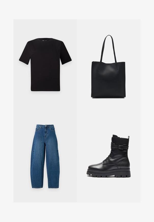 Fekete, rövid ujjú póló, kerek nyakkal, puha pamutból készült. Egyszerű dizájn, nincs látható logó vagy minta.; Közepes kék mosású farmernadrág, magas derékkal, széles lábszárral és hagyományos öt zsebes kialakítással, látható varrási részletekkel.; Fekete bőr bokacsizma kerek orral, fűzős eleje van, az oldalon csat részlet található, és egy vastag gumitalpa van.; Fekete bőrtáska sima felszínnel, téglalap alakú, két hosszú füllel. Nincs látható fémkiegészítő vagy díszítés.