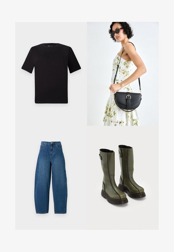 Tricou scurt negru cu mânecă scurtă și guler rotund, realizat dintr-un material de bumbac moale. Design simplu, fără logo-uri sau modele vizibile.; Jeans din denim cu o nuanță medie de albastru, având talie înaltă, tăietură cu picioare largi și un design standard cu cinci buzunare, cu detalii de cusătură vizibile.; Pereche de bocanci din piele de culoare verde măslinie, până la jumătatea gambei, cu tălpi groase negre și cusături portocalii, având fermoare laterale și un detaliu cu curea în partea superioară din spate.; Geantă din piele neagră, cu o formă curbată, curea detașabilă și accesorii aurii. Geanta are un capac cu un detaliu tip cataramă.