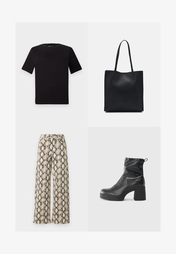 Camiseta negra de manga corta con cuello redondo, fabricada en suave algodón. Diseño simple, sin logos ni patrones visibles.; Pantalones de pierna ancha en un estampado de serpiente en crema y negro. Elaborados con una tela texturizada, con una cintura alta y bolsillos delanteros.; Botines negros de tobillo, hechos de cuero suave, con cierre lateral, tacón grueso texturizado y diseño de punta redondeada.; Bolso tote de cuero negro con textura lisa, forma rectangular y dos asas largas. Sin herrajes ni adornos visibles.