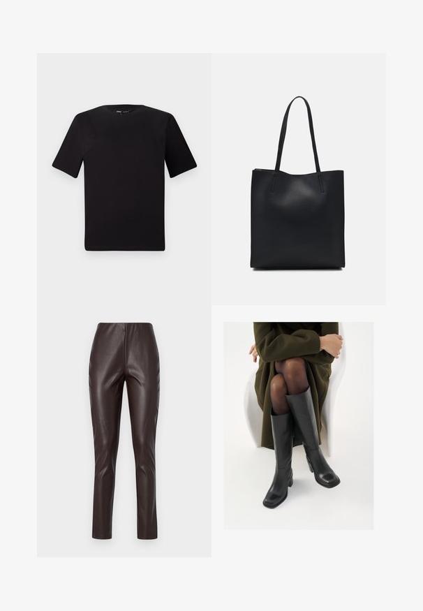 Czarna koszulka z krótkim rękawem o okrągłym dekolcie, wykonana z miękkiej bawełny. Prosty design, bez widocznych logo ani wzorów.; Brązowe legginsy z sztucznej skóry o gładkiej fakturze, wysoki stan i dopasowany krój. Charakteryzują się eleganckim designem bez widocznych szwów i zdobień.; Kozaki skórzane do kolan w kolorze czarnym, z kwadratowym noskiem i słupkowym obcasem, pokazane na modelce siedzącej w oliwkowej zielonej kurtce. Gładka tekstura, minimalne detale.; Czarna skórzana torba tote o gładkiej fakturze, prostokątnym kształcie i dwóch długich uchwytach. Brak widocznych elementów metalowych i ozdób.