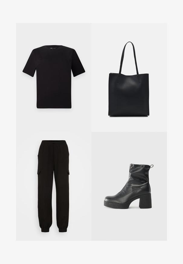 Juodas trumpas rankovės marškinėlis su apvaliu iškirpimu, pagamintas iš minkštos medvilnės medžiagos. Paprastas dizainas, be matomų logotipų ar raštų.; Juodi cargo kelnės su laisvu kirpimu, turinčios elastinį juosmenį, raištelių uždarymą ir šonines kišenes. Pagamintos iš lengvos medžiagos.; Juodos kulkšninių botai, pagaminti iš lygaus odos, su šoniniu užtrauktuku, masyviu tekstūruotu kulnu ir apvaliu pirštu.; Juodas odinis tote krepšys su lygia tekstūra, stačiakampio formos ir dviem ilgais rankenomis. Matomų metalinių detalių ar puošybos nėra.