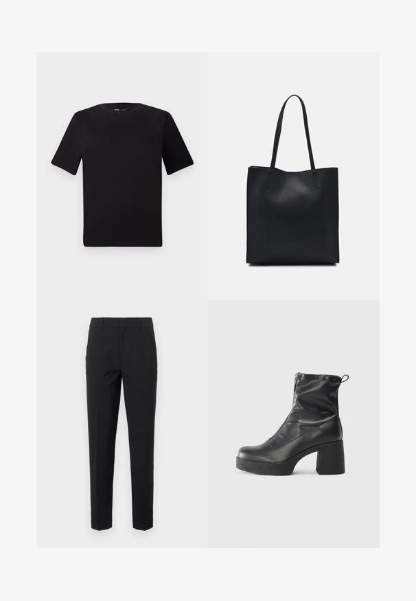 Must olema lühikeste varrukatega must t-särk ümmarguse kaelusega, valmistatud pehmest puuvillast kangast. Lihtne disain, ilma nähtavate logode või mustriteta.; Mustad püksid, millel on kohandatud disain, valmistatud siledast kangast. Omab sirget säält, vöökohaga, millel on vöörihmade augud, ja küljetaskuid.; Mustad mustad ansapüksid, mis on valmistatud siledast nahast, külje zipperiga, paksu tekstuuriga kontsaga ja ümmarguse nina disainiga.; Mustast nahast kott sujuva tekstuuriga, ristkülikukujuline ja kahe pika sangaga. Pole nähtavat riistvara ega kaunistusi.