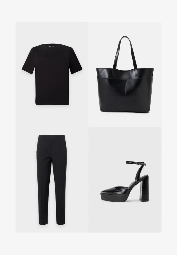 Crna majica kratkih rukava s okruglim izrezom, izrađena od mekane pamučne tkanine. Jednostavan dizajn, bez vidljivih logotipa ili uzoraka.; Crne hlače s krojem koji naglašava liniju, izrađene od glatkog materijala. Imaju ravne nogavice, pojas s petljama za remen i bočne džepove.; Crne platforme s potpeticom s oštrim vrhom i podešivom naramenicom. Izrađene od glatke kože, s masivnom blok petom.; Crna kožna torba s dugim ručkama, glatkom teksturom i strukturiranim oblikom. Ima prednju džep za dodatno pohranu.