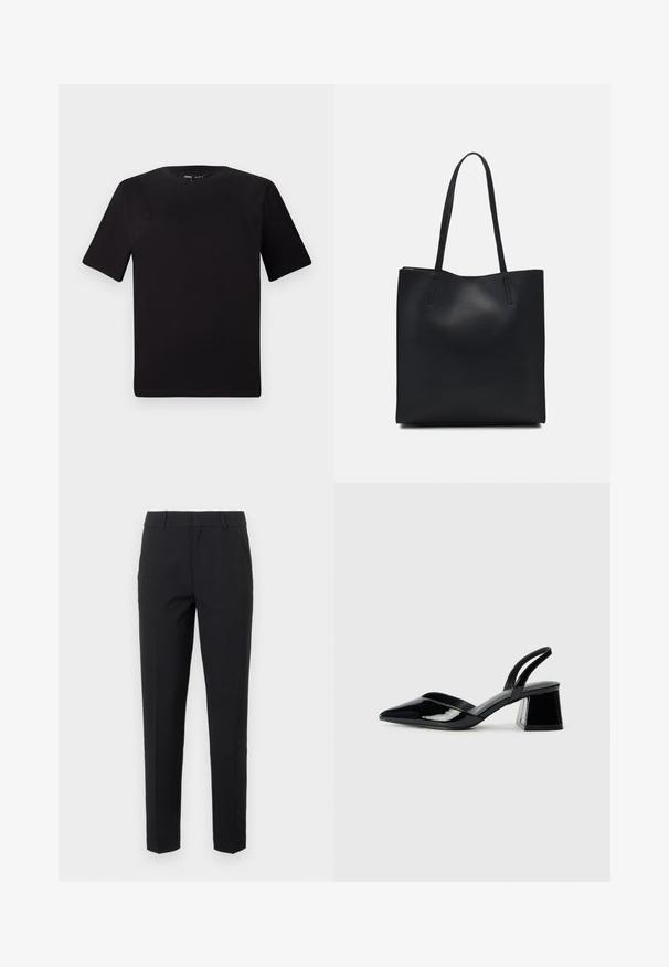 Svart t-skjorte med korte ermer og rund hals, laget av mykt bomullsstoff. Enkelt design, ingen synlige logoer eller mønstre.; Sorte bukser med tilpasset design, lavet af glat stof. Har lige ben, taljebånd med bælteløkker og sidelommer.; Svarte patentlær slingback hæler med spiss tå og geometrisk blokk hæl. Har et stilrent, minimalistisk design og jevn tekstur.; Svart lær tote bag med glatt tekstur, rektangulær form og to lange håndtak. Ingen synlige deler eller dekorasjoner.