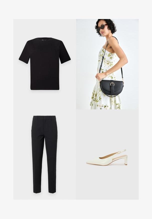 Fekete, rövid ujjú póló, kerek nyakkal, puha pamutból készült. Egyszerű dizájn, nincs látható logó vagy minta.; Fekete nadrág, szabott dizájnnal, sima anyagból. Egyenes szárai, övgyűrűs derékrésze és oldalsó zsebei vannak.; Fehér lakkbőr slingback cipő, hegyes orral és alacsony blokk sarkal. Finom pánttal rendelkezik, arany színű csattal.; Fekete bőrtáska ívelt formával, levehető pánttal és arany színű fémrészekkel. A táskán egy csattal díszített fedél található.