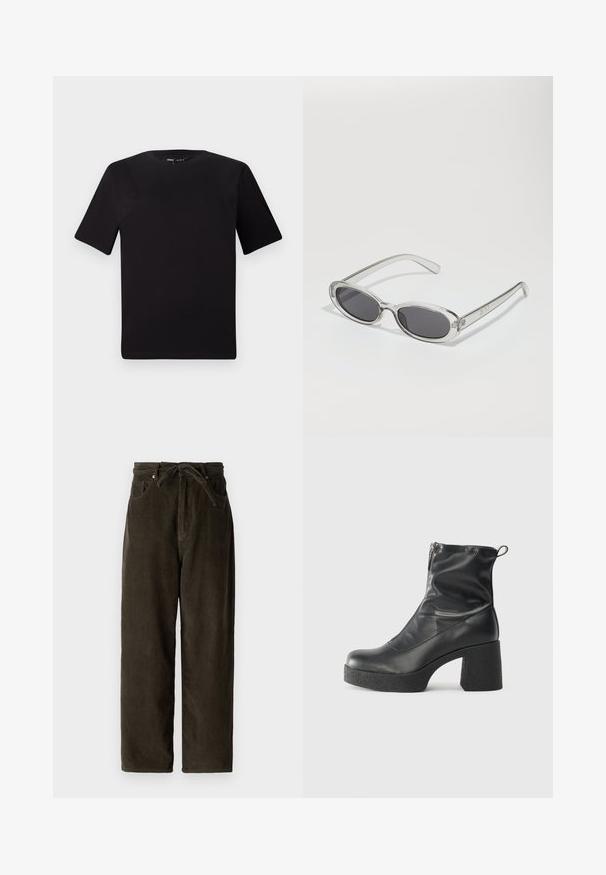 Fekete, rövid ujjú póló, kerek nyakkal, puha pamutból készült. Egyszerű dizájn, nincs látható logó vagy minta.; Sötétzöld kordbársony nadrág széles szárral, húzózsinóros derékkal, két elülső zsebbe és puha, texturált anyaggal.; Fekete bokacsizmák sima bőrből, oldalsó cipzárral, vastag, texturált sarkú és lekerekített orrú dizájnnal.; Ovális formájú napszemüveg, átlátszó műanyag keret, sötétszürke lencsék és vékony, átlátszó szárak, logóakkcentussal és minimális díszítéssel.