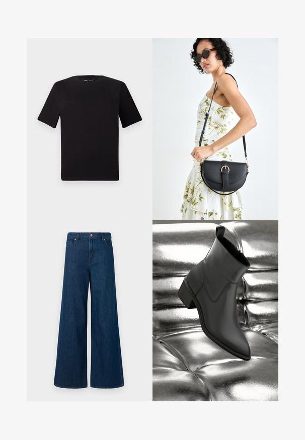 Černé tričko s krátkým rukávem a kulatým výstřihem, vyrobené z měkké bavlněné látky. Jednoduchý design, žádné viditelné logo nebo vzory.; Modré široké džíny s vysokým pasem, s předním zapínáním na knoflík, poutky na opasek a designem se pěti kapsami na bílém pozadí.; Černé kožené kotníkové boty s nízkým podpatkem leží na lesklém, kovově stříbrném zpevněném povrchu, který zdůrazňuje hladkou texturu a elegantní design.; Černá kožená kabelka s křivkovým tvarem, odnímatelným popruhem a zlatými detaily. Kabelka má klopu s přezkou.