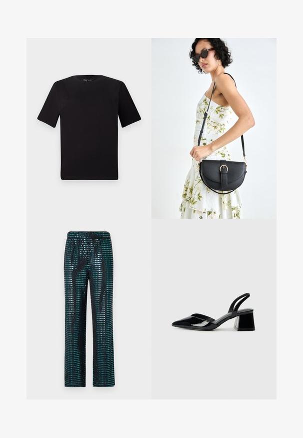 Juodas trumpas rankovės marškinėlis su apvaliu iškirpimu, pagamintas iš minkštos medvilnės medžiagos. Paprastas dizainas, be matomų logotipų ar raštų.; Juodos kelnės su blizgučiais turkio ir sidabro spalvos raštu, laisvu šonu ir elastinga juosmena.; Juodos lakuotos odinės šlepetės su smailiu pirštu ir geometriniu bloko kulnu. Turi elegantišką, minimalistinį dizainą ir lygų paviršių.; Juodas odinis krepšys su išlenkta forma, nuimamu dirželiu ir auksiniais detalėmis. Krepšys turi kilpą su sagtimi.