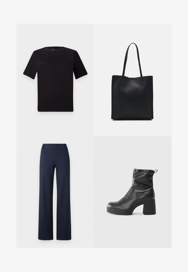 Črna majica s kratkimi rokavi in okroglim izrezom, izdelana iz mehkega bombažnega materiala. Preprost dizajn, brez vidnih logotipov ali vzorcev.; Mornarške široke hlače iz mehkega, raztegljivega materiala. Imajo ravno elastično pasnico in gladko teksturo; brez vidnih vzorcev ali kovinskih delov.; Črne gležnjarje iz gladke kože z božnim zadrgo, masivnim teksturiranim peto in zaobljeno obliko prstov.; Črna usnjena torba s svilnato teksturo, pravokotne oblike in dvema dolgima ročajema. Brez vidnih metalnih delov ali okrasnih elementov.