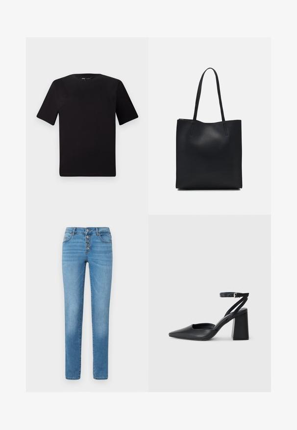 Camiseta negra de manga corta con cuello redondo, fabricada en suave algodón. Diseño simple, sin logos ni patrones visibles.; Vaqueros de tiro alto en azul claro, fabricados en denim, con una cremallera de cinco botones, trabillas para cinturón y diseño de pierna recta con un desvanecimiento mínimo.; Zapato de tacón puntiagudo de cuero negro con tira en el tobillo y tacón ancho. Textura plana, diseño elegante y estética minimalista.; Bolso tote de cuero negro con textura lisa, forma rectangular y dos asas largas. Sin herrajes ni adornos visibles.