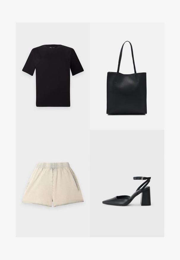 Črna majica s kratkimi rokavi in okroglim izrezom, izdelana iz mehkega bombažnega materiala. Preprost dizajn, brez vidnih logotipov ali vzorcev.; Svetlo bež pamučne kratke hlače z elastičnim pasom, dvema stranskima žepoma in ohlapnim krojem. Tkanina je mehka na otip in ima sproščen oblik.; Črne usnjene klasične čevlje z ostrim nosom, z zaponko za gleženj in debelim peto. Ravna tekstura, eleganten dizajn in minimalistična estetika.; Črna usnjena torba s svilnato teksturo, pravokotne oblike in dvema dolgima ročajema. Brez vidnih metalnih delov ali okrasnih elementov.