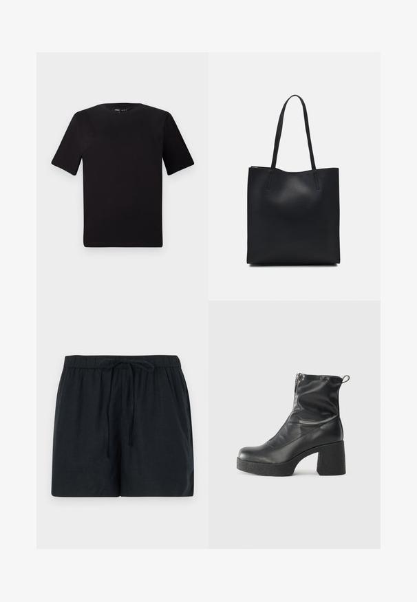 Schwarzes T-Shirt mit kurzen Ärmeln und Rundhalsausschnitt, aus weichem Baumwollmaterial gefertigt. Schlichtes Design, keine sichtbaren Logos oder Muster.; Schwarze Leinen-Shorts mit einem elastischen Bund und einem Kordelzug, die eine entspannte Passform und eine glatte Textur bieten.; Schwarze Stiefeletten aus glattem Leder mit seitlichem Reißverschluss, klobigem strukturiertem Absatz und runder Zehenform.; Schwarze Laptoptasche aus Leder mit glatter Textur, rechteckiger Form und zwei langen Griffen. Keine sichtbaren Beschläge oder Verzierungen.