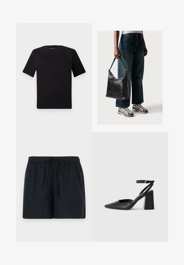 Black short-sleeve t-shirt with a round neckline, crafted from soft cotton fabric. Simple design, no visible logos or patterns.; Black linen shorts featuring an elastic waistband with a drawstring, providing a relaxed fit and a smooth texture.; Black leather pointy-toe pump with an ankle strap and a chunky heel. Flat texture, sleek design, and minimalistic aesthetics.; Black leather shoulder bag with a smooth texture and adjustable strap, paired with faded wide-leg jeans and athletic sneakers.