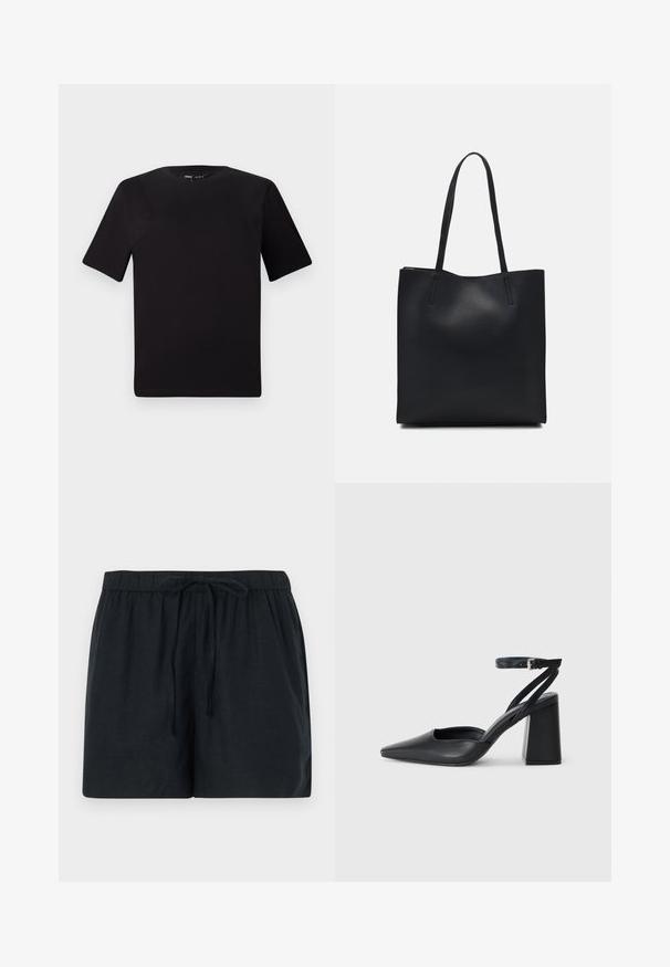 Sort kortærmet t-shirt med rund halsudskæring, lavet af blødt bomuldsstof. Enkel design, ingen synlige logoer eller mønstre.; Sorte linnedragt med elastisk talje og snore, der giver en afslappet pasform og en glat tekstur.; Sort læder spidse pumps med ankelrem og en chunky hæl. Flad tekstur, slankt design og minimalistisk æstetik.; Sort læder tote taske med glat tekstur, rektangulær form og to lange hanke. Ingen synlig hardware eller udsmykninger.