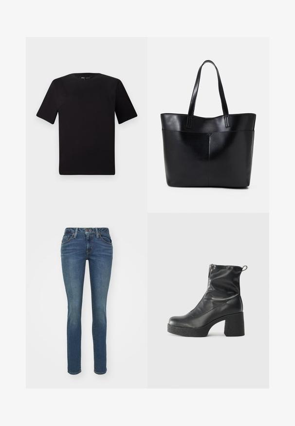 Must olema lühikeste varrukatega must t-särk ümmarguse kaelusega, valmistatud pehmest puuvillast kangast. Lihtne disain, ilma nähtavate logode või mustriteta.; Sinine denim slim-fit teksapüksid viie taskuga, nähtava õmblusega ja lukuga. Omavad kergelt pleekinud tekstuuri lisadetailide jaoks.; Mustad mustad ansapüksid, mis on valmistatud siledast nahast, külje zipperiga, paksu tekstuuriga kontsaga ja ümmarguse nina disainiga.; Must mustaga musta nahast, millel on kaks pikka kanda, sile tekstuur ja struktureeritud kuju. Esipoolsel on lisakoti jaoks tasku.