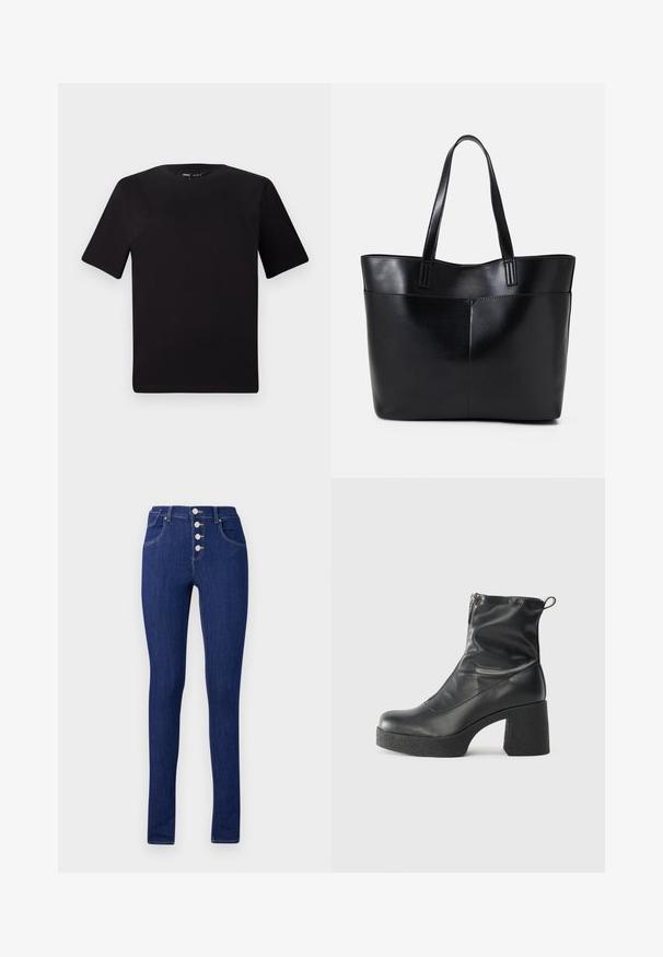 Black short-sleeve t-shirt with a round neckline, crafted from soft cotton fabric. Simple design, no visible logos or patterns.; Skinny jeans in dark blue denim, featuring a high waist, a button fly with five silver buttons, and minimalistic back pockets.; Black ankle boots made of smooth leather, featuring a side zipper, chunky textured heel, and rounded toe design.; Black leather tote bag with two long handles, a smooth texture, and a structured shape. Features a front pocket for additional storage.