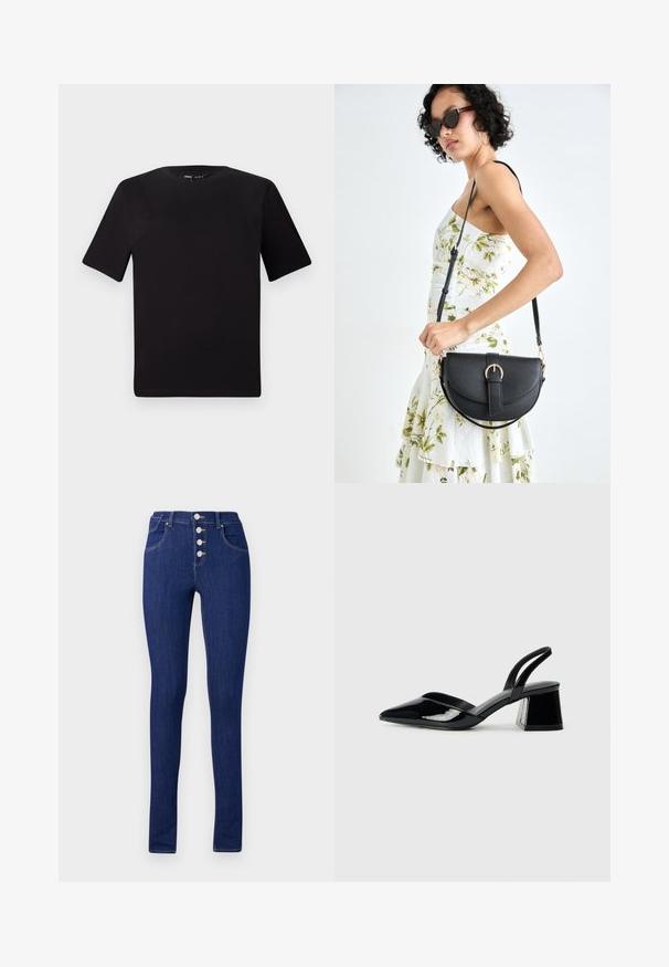 Tricou scurt negru cu mânecă scurtă și guler rotund, realizat dintr-un material de bumbac moale. Design simplu, fără logo-uri sau modele vizibile.; Jeans strâmți din denim bleu închis, cu talie înaltă, un fermoar cu cinci nasturi argintii și buzunare minime pe spate.; Pantofi cu toc slingback din piele lacuită neagră, cu vârf ascuțit și toc geometric. Prezintă un design elegant, minimalist și o textură netedă.; Geantă din piele neagră, cu o formă curbată, curea detașabilă și accesorii aurii. Geanta are un capac cu un detaliu tip cataramă.