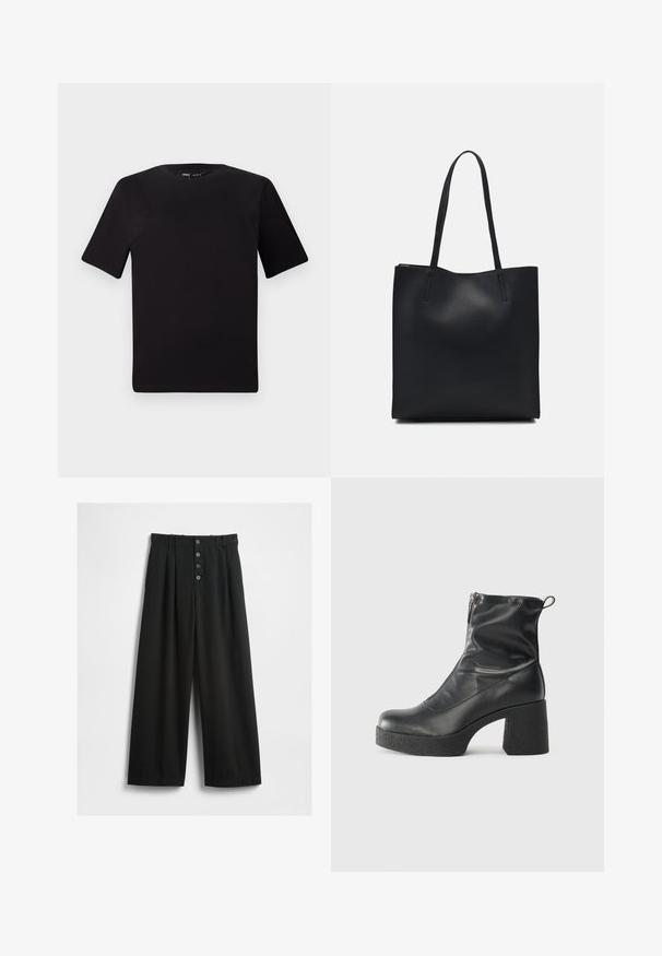 Black short-sleeve t-shirt with a round neckline, crafted from soft cotton fabric. Simple design, no visible logos or patterns.; Wide-leg black trousers made of a textured fabric. Features a high waist, five-button front closure, and pressed pleats for added detail.; Black ankle boots made of smooth leather, featuring a side zipper, chunky textured heel, and rounded toe design.; Black leather tote bag with smooth texture, rectangular shape, and two long handles. No visible hardware or embellishments.