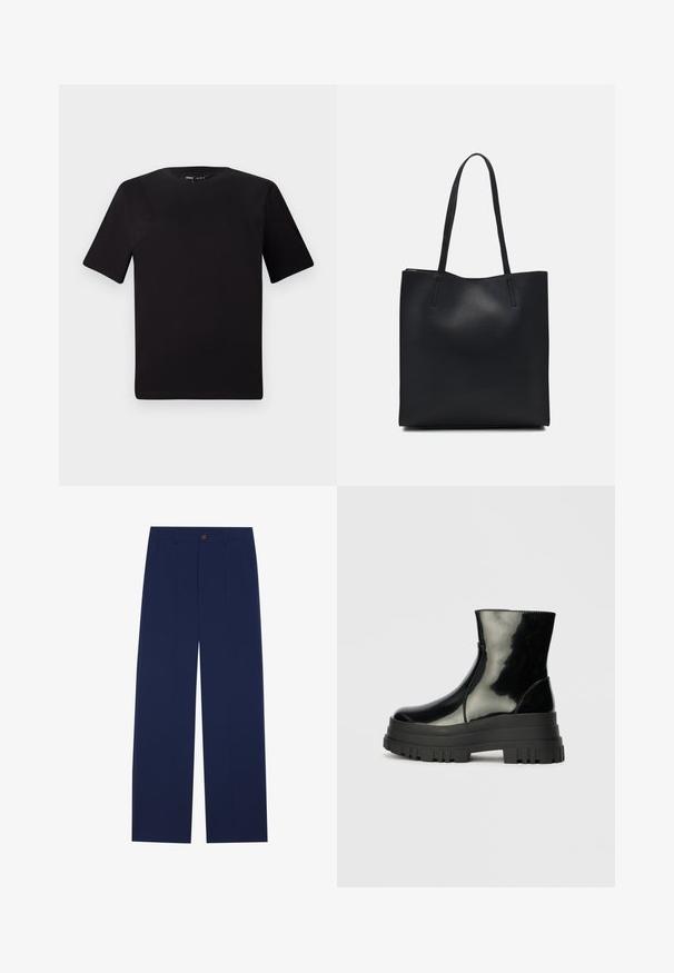 Black short-sleeve t-shirt with a round neckline, crafted from soft cotton fabric. Simple design, no visible logos or patterns.; Navy blue wide-leg trousers made of smooth fabric, featuring front pockets, a button closure, and a tailored design with creases.; Black glossy ankle boot with thick lug sole and rounded toe, side view on plain light gray background.; Black leather tote bag with smooth texture, rectangular shape, and two long handles. No visible hardware or embellishments.