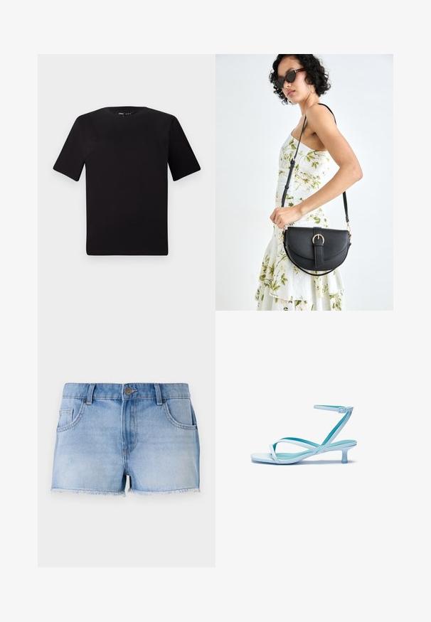 Svart t-skjorte med korte ermer og rund hals, laget av mykt bomullsstoff. Enkelt design, ingen synlige logoer eller mønstre.; Lyseblå denimshorts med frynsete nederkant, fem lommer og knappelukking foran. Har en falmet vask og rett snitt.; Lys blå sandaler med stroppene, firkantet tå, lav hæl, justerbar ankelrem og glatt, blank overflate. Kryssete stropper på fotsengen.; Svart lærveske med en buet form, avtagbar stropp og gullbeslag. Vesken har et klaff med spenne-detall.
