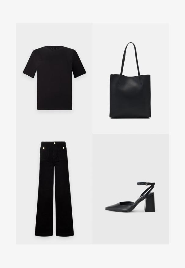 Melnas īsām piedurknēm T-krekls ar apaļu kakla izgriezumu, izgatavots no mīksta kokvilnas auduma. Vienkāršs dizains, bez redzamām logo vai rakstiem.; Melni flared džinsi no denima, ar augsto jostasvietu, divām priekšējām kabatām un zeltaini aksesuāriem. Gluda tekstūra, plata kāju dizains.; Melna ādas augstpapēžu kurpe ar norakstīto purngala formu, potītes siksniņu un masīlu papēdi. Gluda tekstūra, elegants dizains un minimālisma estētika.; Melnas ādas somiņa ar gludu tekstūru, taisnstūra formu un divām garām rokturiem. Nav redzamu aparatūras vai rotājumu.
