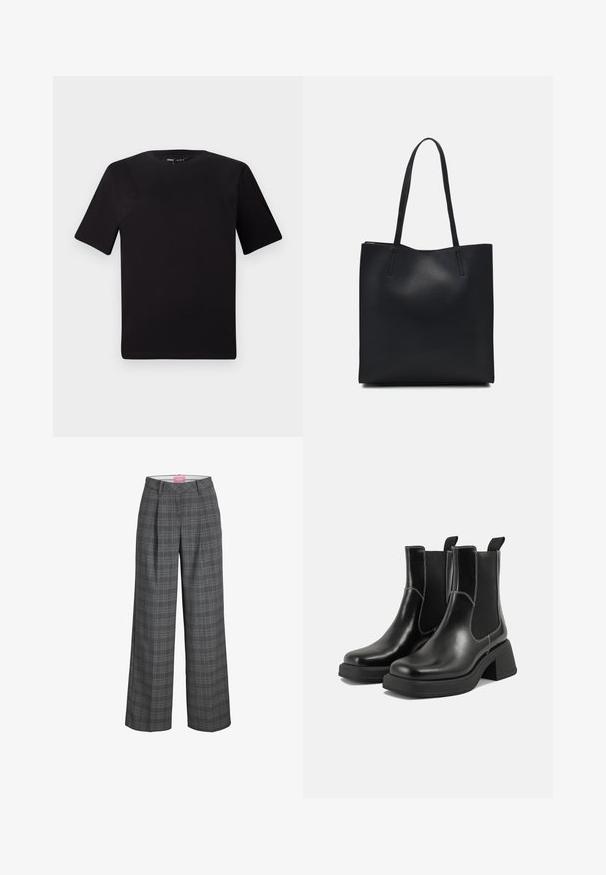 T-shirt preta de mangas curtas com decote redondo, feita de tecido de algodão suave. Design simples, sem logótipos ou padrões visíveis.; Calças largas em xadrez cinza com um cós alto, apresentando pregas frontais e uma textura suave. Rótulo visível no interior do cós.; Botas Chelsea em couro preto com um salto grosso, painéis laterais elásticos e costura branca em contraste. Acabamento texturizado.; Bolsa tote preta em couro com textura lisa, forma retangular e duas alças longas. Sem hardware ou enfeites visíveis.