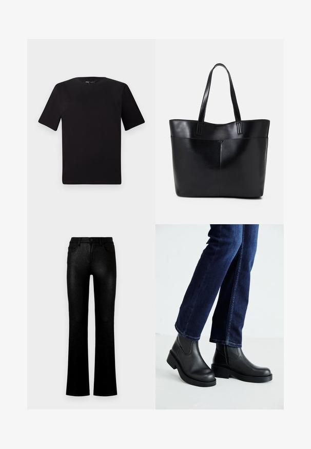 Black short-sleeve t-shirt with a round neckline, crafted from soft cotton fabric. Simple design, no visible logos or patterns.; Black flared jeans made of a shiny, textured fabric. Features include front pockets, a button closure, and a classic five-pocket design.; Black leather ankle boots with a chunky sole and side elastic panels, paired with dark blue jeans. The ground is light-colored.; Black leather tote bag with two long handles, a smooth texture, and a structured shape. Features a front pocket for additional storage.