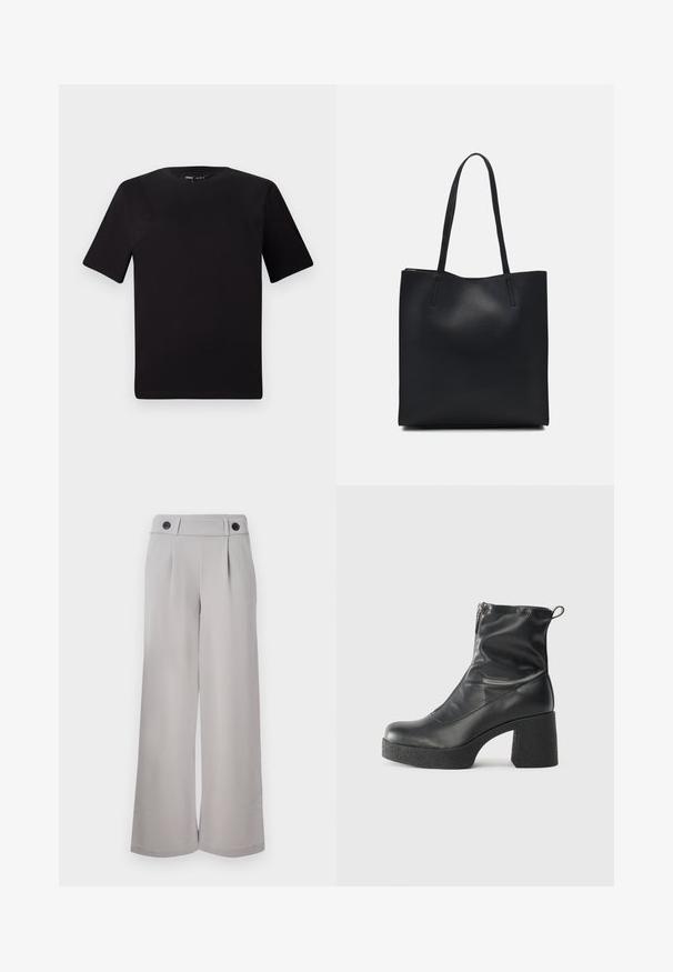 Fekete, rövid ujjú póló, kerek nyakkal, puha pamutból készült. Egyszerű dizájn, nincs látható logó vagy minta.; Világosszürke, széles szárú nadrág sima anyagból, lapos elülső résszel, két redővel és két fekete gombbal a derékszíjon.; Fekete bokacsizmák sima bőrből, oldalsó cipzárral, vastag, texturált sarkú és lekerekített orrú dizájnnal.; Fekete bőrtáska sima felszínnel, téglalap alakú, két hosszú füllel. Nincs látható fémkiegészítő vagy díszítés.