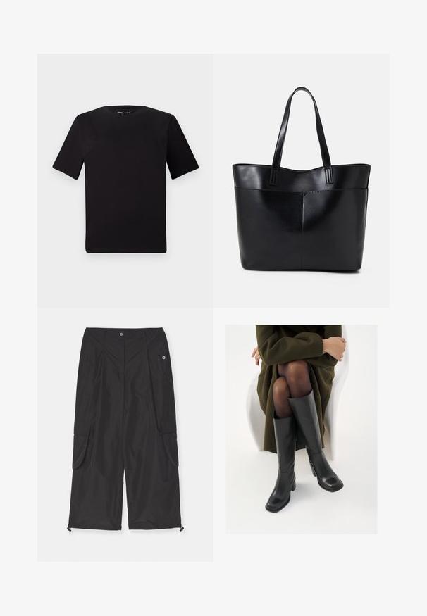 Svart t-skjorte med korte ermer og rund hals, laget av mykt bomullsstoff. Enkelt design, ingen synlige logoer eller mønstre.; Svarte cargo-bukser laget av lett stoff har sidelommer, justerbar snor i nederkant og knappelukking.; Knæhøye sorte lærstøvler med firkantet tå og blokkhelt, vist med en modell som sitter iført en olivengrønn kåpe. Glatt tekstur, minimal detaljering.; Svart lær toteveske med to lange håndtak, en glatt tekstur og en strukturert form. Har en frontlomme for ekstra oppbevaring.