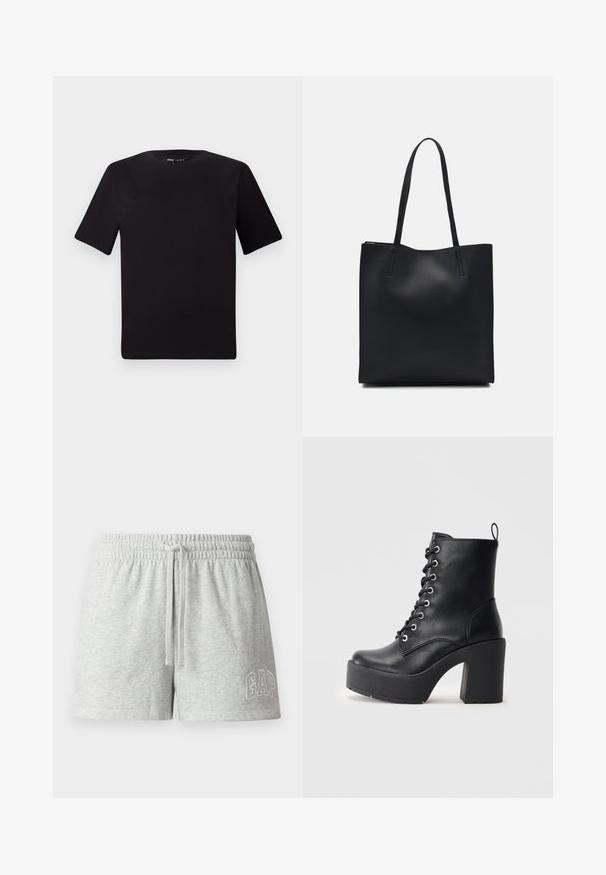 Črna majica s kratkimi rokavi in okroglim izrezom, izdelana iz mehkega bombažnega materiala. Preprost dizajn, brez vidnih logotipov ali vzorcev.; Sive bombažne kratke hlače z elastičnim pasom, nastavljivo vrvico in izvezenim logotipom "GAP" v beli barvi na levem nogavici.; Črne usnjene gležnjarje z masivnim blokom, vezalkami na sprednji strani in teksturirano površino. Imajo zanko na zadnji strani za enostavno obuvanje.; Črna usnjena torba s svilnato teksturo, pravokotne oblike in dvema dolgima ročajema. Brez vidnih metalnih delov ali okrasnih elementov.
