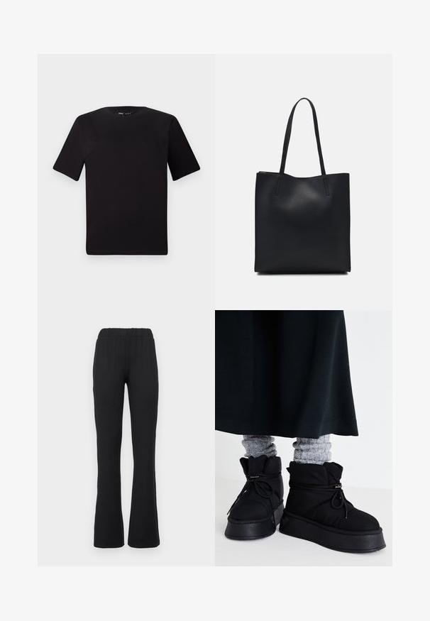 Tricou scurt negru cu mânecă scurtă și guler rotund, realizat dintr-un material de bumbac moale. Design simplu, fără logo-uri sau modele vizibile.; Pantaloni negri, evazați, cu talie elastică, având o textură netedă și fără modele vizibile sau detalii din metal.; Bocanci negri pufoși până la glezne, cu tălpi plate, șireturi și cusături evidente. Asortați cu șosete gri cu dungi, care ies în evidență, purtate cu o fustă întunecată.; Geantă tote neagră din piele, cu textură netedă, formă rectangulară și două mânere lungi. Fără hardware vizibil sau ornamente.