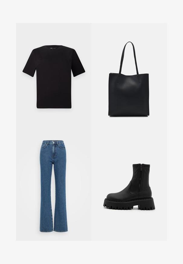 Črna majica s kratkimi rokavi in okroglim izrezom, izdelana iz mehkega bombažnega materiala. Preprost dizajn, brez vidnih logotipov ali vzorcev.; Visoke modre kavbojke z razširjenimi hlačnicami, ki vključujejo gumb, podrobnosti šivanja in sprednje žepe.; Črne gležnjarje iz mat sintetičnega materiala, ki imajo stransko zadrgo, masiven podplat z nazobčanimi robovi in ojačeno šivanje.; Črna usnjena torba s svilnato teksturo, pravokotne oblike in dvema dolgima ročajema. Brez vidnih metalnih delov ali okrasnih elementov.