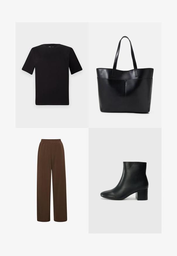 Černé tričko s krátkým rukávem a kulatým výstřihem, vyrobené z měkké bavlněné látky. Jednoduchý design, žádné viditelné logo nebo vzory.; Hnědé široké kalhoty vyrobené z měkké látky, s elastickým pasem a hladkým povrchem, bez výrazných vzorů nebo akcentů.; Černé kožené kotníkové boty s špičatou špičkou a robustním podpatkem. Hladký povrch s minimálními akcenty a elegantním, přiléhavým designem.; Černá kožená taška s dlouhými ušima, hladkým povrchem a strukturovaným tvarem. Obsahuje přední kapsu pro další úložný prostor.