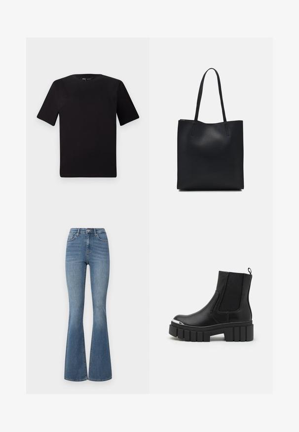 Zwarte T-shirt met korte mouwen en een ronde hals, gemaakt van zachte katoenstof. Eenvoudig ontwerp, geen zichtbare logo's of patronen.; Hoog-getailleerde flared jeans in lichtblauwe denim. Heeft een klassiek vijf-zakken ontwerp met subtiele stiksels en een lichte stretch voor comfort.; Zwarte enkellaarsjes van soepel leer met elastische panels, een dikke plateauzool en een metalen neuskap.; Zwarte leren handtas met een gladde textuur, rechthoekige vorm en twee lange handvaten. Geen zichtbare hardware of versieringen.