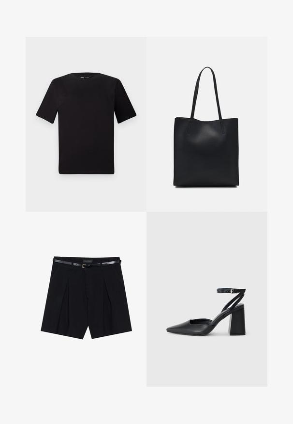 T-shirt preta de mangas curtas com decote redondo, feita de tecido de algodão suave. Design simples, sem logótipos ou padrões visíveis.; Shorts pretos sob medida com pregas, apresentando um cinto preto slim com fivela dourada. Feitos de um tecido suave, oferecendo um aspeto polido.; Sandal com biqueira afilada em couro preto, com cinta no tornozelo e salto grosso. Textura lisa, design elegante e estética minimalista.; Bolsa tote preta em couro com textura lisa, forma retangular e duas alças longas. Sem hardware ou enfeites visíveis.