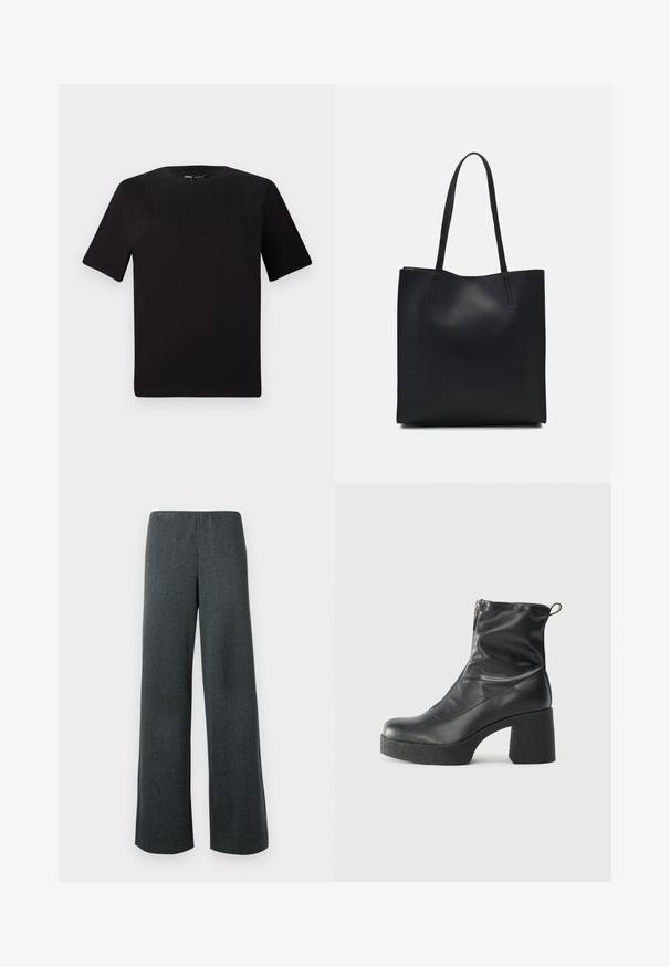 Svart t-skjorte med korte ermer og rund hals, laget av mykt bomullsstoff. Enkelt design, ingen synlige logoer eller mønstre.; Videbukser i mørkegrå tweedstoff. Har sideslisser ved kanten og en elastisk midje for en avslappet passform.; Svarte ankelstøvler laget av glatt lær, med glidelås på siden, chunky strukturert hæl, og rund tå-design.; Svart lær tote bag med glatt tekstur, rektangulær form og to lange håndtak. Ingen synlige deler eller dekorasjoner.