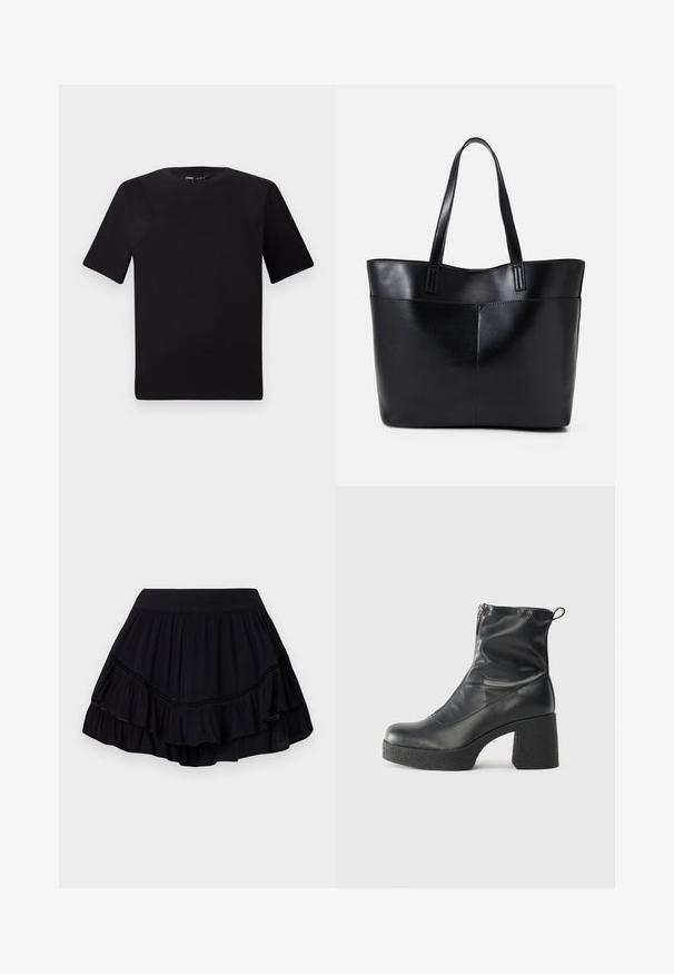 Black short-sleeve t-shirt with a round neckline, crafted from soft cotton fabric. Simple design, no visible logos or patterns.; Black, layered ruffled skirt with an elastic waistband and fine lace trim, made of lightweight fabric, featuring a flared silhouette.; Black ankle boots made of smooth leather, featuring a side zipper, chunky textured heel, and rounded toe design.; Black leather tote bag with two long handles, a smooth texture, and a structured shape. Features a front pocket for additional storage.