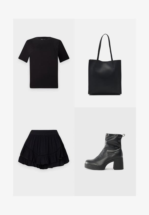 Sort kortærmet t-shirt med rund halsudskæring, lavet af blødt bomuldsstof. Enkel design, ingen synlige logoer eller mønstre.; Sort, lagdelt, rynket nederdel med elastisk talje og fine blondekanter, lavet af letvægtsstof, med en svajet silhuet.; Sorte ankelstøvler lavet af glat læder, med en sidelukning, kraftig struktureret hæl og rundt tådesign.; Sort læder tote taske med glat tekstur, rektangulær form og to lange hanke. Ingen synlig hardware eller udsmykninger.