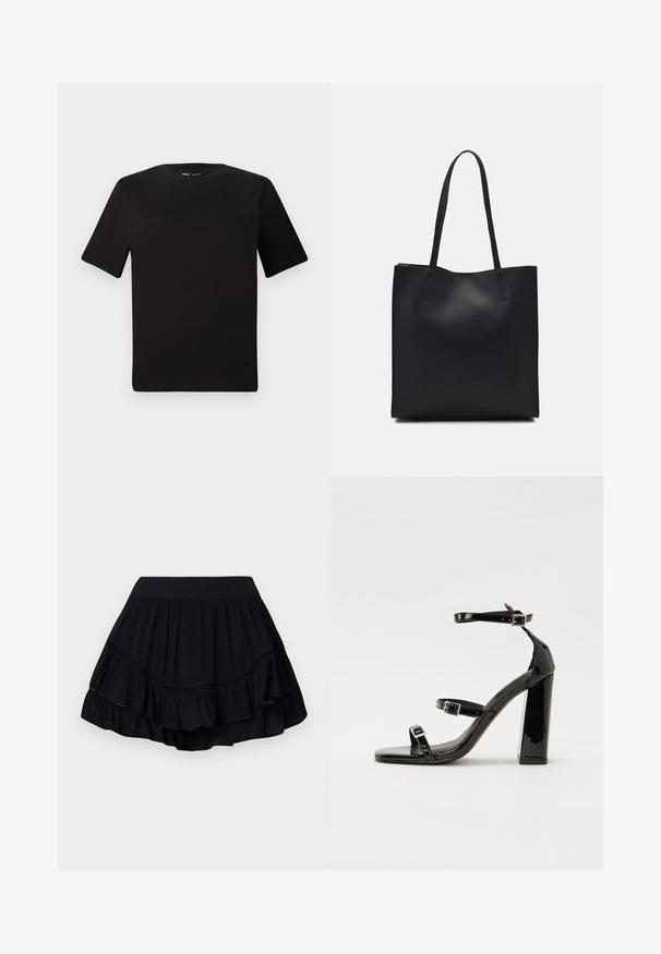 Sort kortærmet t-shirt med rund halsudskæring, lavet af blødt bomuldsstof. Enkel design, ingen synlige logoer eller mønstre.; Sort, lagdelt, rynket nederdel med elastisk talje og fine blondekanter, lavet af letvægtsstof, med en svajet silhuet.; Sorte patenterede hælsandaler med firkantet tå, ankelremme og sølvspænder. Har en chunky blokHæl for stabilitet.; Sort læder tote taske med glat tekstur, rektangulær form og to lange hanke. Ingen synlig hardware eller udsmykninger.