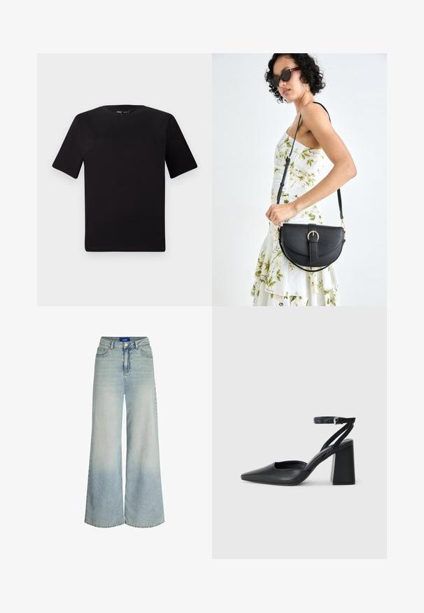 Melnas īsām piedurknēm T-krekls ar apaļu kakla izgriezumu, izgatavots no mīksta kokvilnas auduma. Vienkāršs dizains, bez redzamām logo vai rakstiem.; Platas kāju džinsi, izgatavoti no gaiši zila denima, ar augstu vidukli, piecu kabatu dizainu un vieglu izbalēšanu auduma tekstūrā.; Melna ādas augstpapēžu kurpe ar norakstīto purngala formu, potītes siksniņu un masīlu papēdi. Gluda tekstūra, elegants dizains un minimālisma estētika.; Melnas ādas rokassoma ar izliekta formu, noņemamu siksnu un zelta aksesuāriem. Somai ir vāciņš ar sprādzes detaļu.