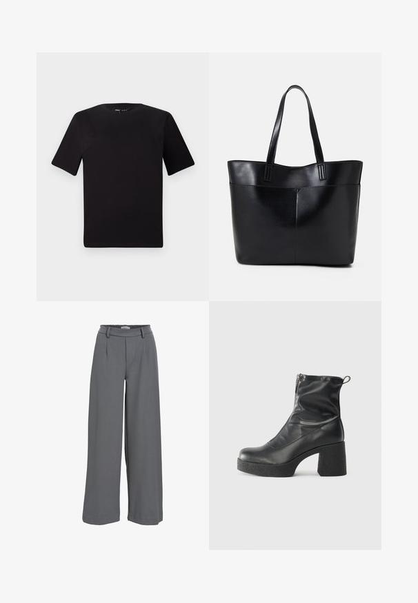 T-shirt noir à manches courtes avec un col rond, fabriqué en coton doux. Design simple, sans logos ni motifs visibles.; Pantalons à jambe large en tissu gris clair, avec une taille froncée, des plis avant et une texture lisse et douce.; Bottes noires à la cheville en cuir lisse, dotées d'une fermeture éclair sur le côté, d'un talon épais texturé et d'une conception à bout rond.; Sac fourre-tout en cuir noir avec deux longues poignées, une texture lisse et une forme structurée. Dispose d'une poche avant pour un rangement supplémentaire.
