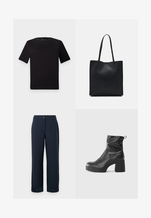 Czarna koszulka z krótkim rękawem o okrągłym dekolcie, wykonana z miękkiej bawełny. Prosty design, bez widocznych logo ani wzorów.; Granatowe spodnie o prostym kroju, z guzikowym zapięciem i mankietami, wykonane z gładkiego, lekkiego materiału.; Czarne botki za kostkę wykonane z gładkiej skóry, wyposażone w boczny zamek błyskawiczny, masywny teksturowany obcas oraz zaokrąglony czubek.; Czarna skórzana torba tote o gładkiej fakturze, prostokątnym kształcie i dwóch długich uchwytach. Brak widocznych elementów metalowych i ozdób.