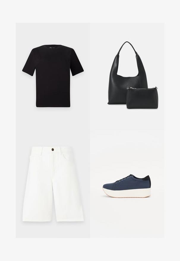 Fekete, rövid ujjú póló, kerek nyakkal, puha pamutból készült. Egyszerű dizájn, nincs látható logó vagy minta.; Fehér farmer rövidnadrág egyenes szabással, öt zsebes kivitelben, elülső gombos záródással és diszkrét varrási részletekkel. Simább tapintású.; Sötétkék sportcipő, texturált szövet felsőrész, fehér platform talp, lekerekített orr és fekete sarok akcentussal. Hat fűzőlyuk található rajta.; Even&Odd Kézitáska - black