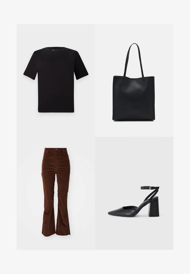 Črna majica s kratkimi rokavi in okroglim izrezom, izdelana iz mehkega bombažnega materiala. Preprost dizajn, brez vidnih logotipov ali vzorcev.; Povišene rjave žametine hlače z sprednjimi žepi in širokimi nogami, ki imajo zadrge ob zunanjih šivih.; Črne usnjene klasične čevlje z ostrim nosom, z zaponko za gleženj in debelim peto. Ravna tekstura, eleganten dizajn in minimalistična estetika.; Črna usnjena torba s svilnato teksturo, pravokotne oblike in dvema dolgima ročajema. Brez vidnih metalnih delov ali okrasnih elementov.