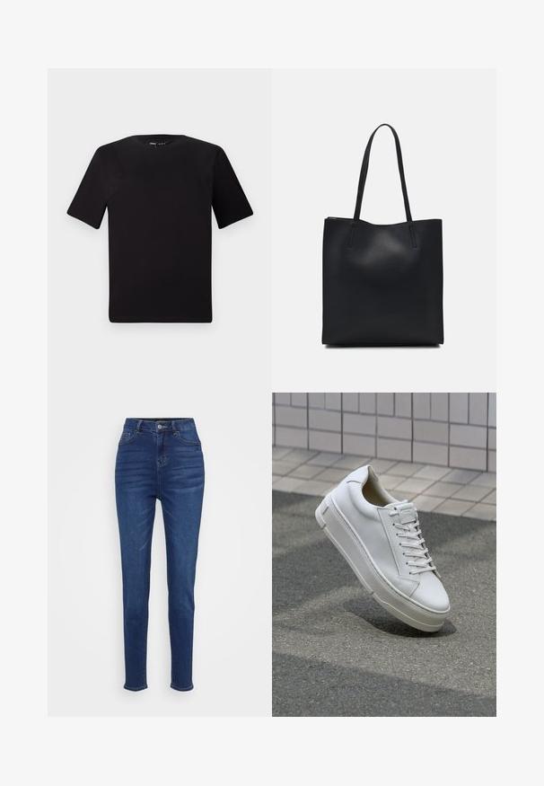 T-shirt preta de mangas curtas com decote redondo, feita de tecido de algodão suave. Design simples, sem logótipos ou padrões visíveis.; Jeans de cintura alta, ajustados, em denim azul escuro. Possui cinco bolsos, passantes para cinto e um fecho em botão, com um desbotamento sutil ao longo das pernas.; Sapatilhas de couro branco com um design de baixo, atacadores planos, bico arredondado e lados texturizados. Sola de borracha espessa com detalhes subtis.; Bolsa tote preta em couro com textura lisa, forma retangular e duas alças longas. Sem hardware ou enfeites visíveis.