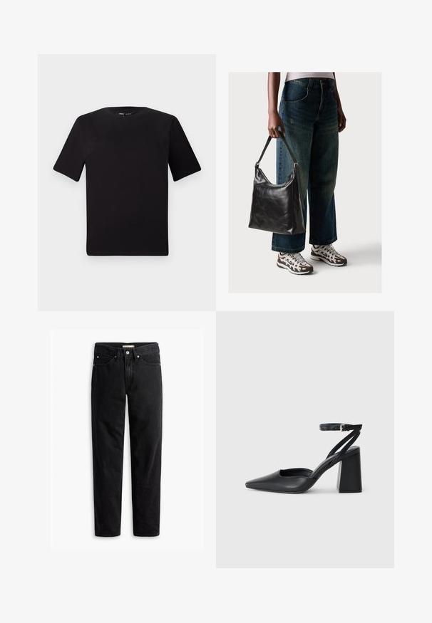 T-shirt preta de mangas curtas com decote redondo, feita de tecido de algodão suave. Design simples, sem logótipos ou padrões visíveis.; Calças de ganga pretas de perna reta com fecho de botão e fecho éclair, passantes para cinto e bolsos frontais e traseiros, apresentadas de forma plana sobre fundo branco.; Sandal com biqueira afilada em couro preto, com cinta no tornozelo e salto grosso. Textura lisa, design elegante e estética minimalista.; Bolsa de ombro em couro preto com textura suave e alça ajustável, combinada com jeans de perna larga desbotados e ténis desportivos.