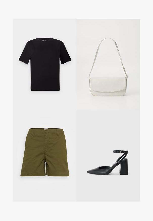 Czarna koszulka z krótkim rękawem o okrągłym dekolcie, wykonana z miękkiej bawełny. Prosty design, bez widocznych logo ani wzorów.; Oliwkowe szorty wykonane z lekkiego materiału, charakteryzujące się klasycznym krojem, prostym dołem i przednimi kieszeniami. Płaski pas z pętelkami.; Czarne skórzane czółenka z ostrym noskiem, z paskiem na kostce i grubym obcasem. Gładka faktura, elegancki design i minimalistyczna estetyka.; Biała skórzana torba na ramię o gładkiej powierzchni, prostokątnym kształcie, z klapką i regulowanym paskiem. Prosta ozdoba w postaci szwów.