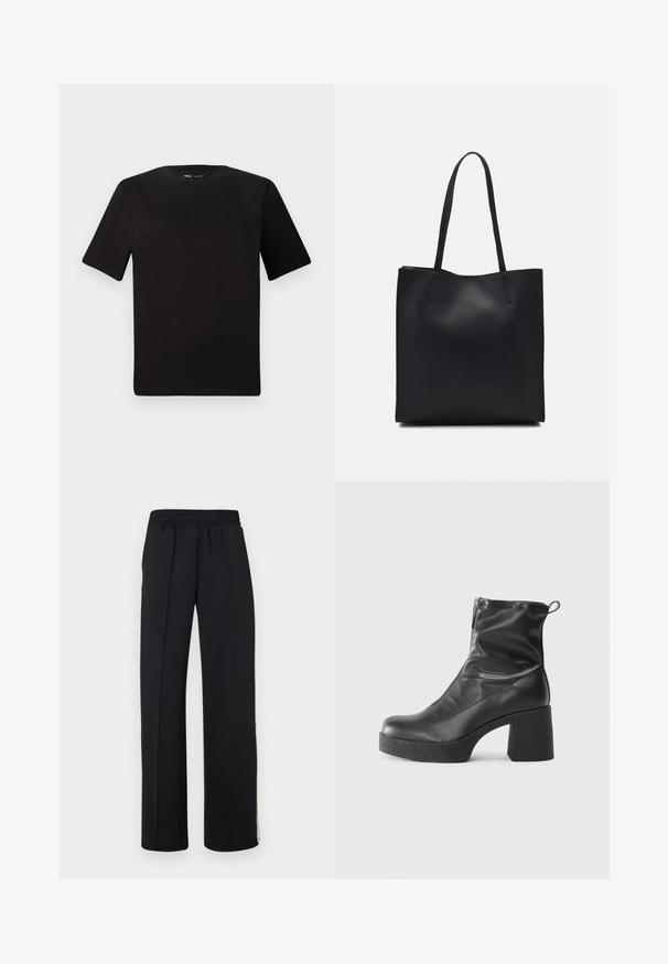 Črna majica s kratkimi rokavi in okroglim izrezom, izdelana iz mehkega bombažnega materiala. Preprost dizajn, brez vidnih logotipov ali vzorcev.; Črne široke hlače z elastičnim pasom in gladko teksturo. Brez vidnih vzorcev ali dodatkov.; Črne gležnjarje iz gladke kože z božnim zadrgo, masivnim teksturiranim peto in zaobljeno obliko prstov.; Črna usnjena torba s svilnato teksturo, pravokotne oblike in dvema dolgima ročajema. Brez vidnih metalnih delov ali okrasnih elementov.