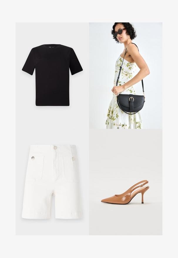 Svart kortärmad t-shirt med rund halsringning, tillverkad i mjukt bomullstyg. Enkelt mönster, utan synliga logotyper eller mönster.; Vita bomullsshorts med två framfickor och silverfärgad knappdekoration. Rakt snitt med en slät, strukturerad yta och vikta fållar.; Tåspets slingback-häl i ett slätt, glansigt brunt material. Har en kurvad utskärning och en smal stilettklack. Silverdetalj med spänne.; Svart läderhandväska med en böjd form, avtagbar rem och guldiga detaljer. Väskan har ett lock med en spänndetalj.